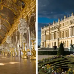 Złota Sala Lustrzana i fasada pałacu w Paryżu, z ogrodem w stylu francuskim.