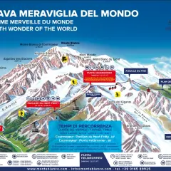 Wjazd na Mont Blanc: widok na majestatyczne szczyty Alp, kolejki linowe i trasy narciarskie. Mapa przedstawia punkty widokowe i atrakcje.