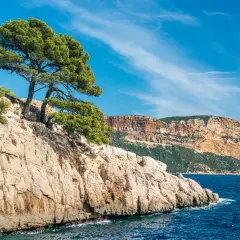 Skaliste wybrzeże z sosnami, błękitne morze i majestatyczne calanques w oddali.