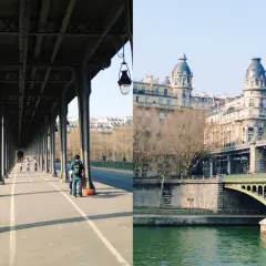 Widok na paryski Pont de Bir-Hakeim z kolumnami i łukami, po drugiej stronie rzeki widać budynki z kopułami.