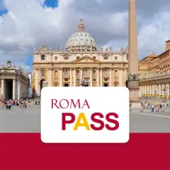 Plac Świętego Piotra w Rzymie z kopułą Bazyliki. Na pierwszym planie biały prostokąt z napisem "ROMA PASS".