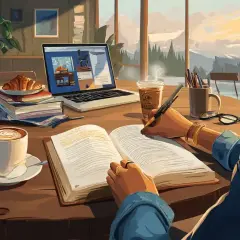 Osoba pisze w książce, obok kawa, laptop i croissant. Piękne godziny po francusku z widokiem na góry.
