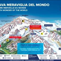 Wjazd na Mont Blanc: widok na majestatyczne szczyty Alp, kolejki linowe i trasy narciarskie. Mapa przedstawia punkty widokowe i atrakcje.