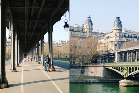 Widok na paryski Pont de Bir-Hakeim z kolumnami i łukami, po drugiej stronie rzeki widać budynki z kopułami.