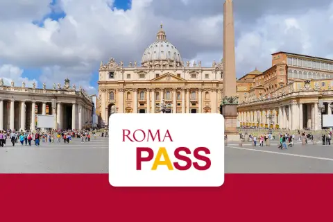 Plac Świętego Piotra w Rzymie z kopułą Bazyliki. Na pierwszym planie biały prostokąt z napisem "ROMA PASS".