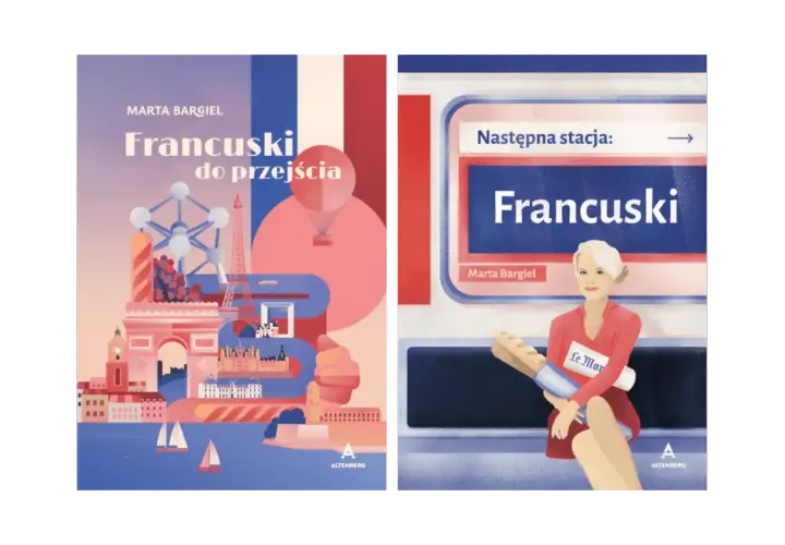 Okładki książek o nauce języka francuskiego. Jedna z Paryżem, druga z kobietą z bagietką w metrze. Podstawy francuskiego.