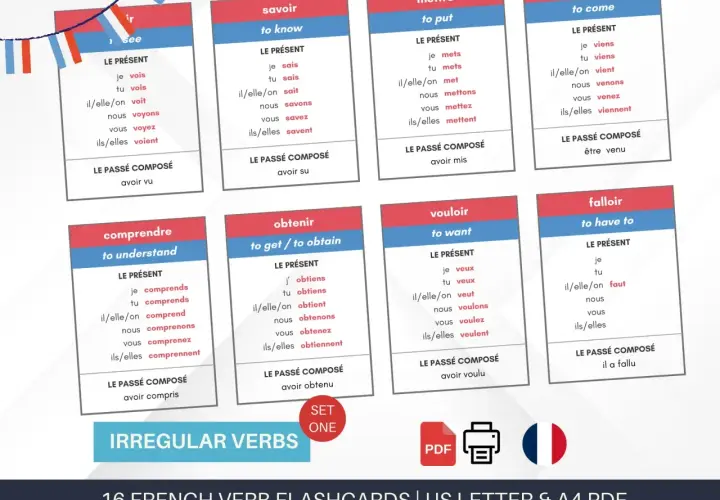 Fiszki z czasownikami nieregularnymi: voir, savoir, mettre, venir, comprendre, obtenir, vouloir, falloir. Nauka francuskich czasowników to świetna zabawa!
