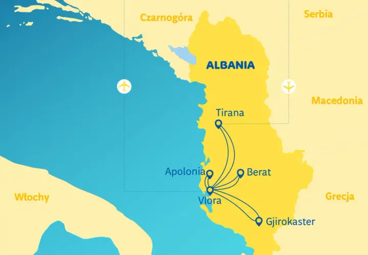 Mapa pokazuje lotniska w Albanii i połączenia lotnicze do Tirany, Wlory, Apolonii, Beratu i Gjirokastry.