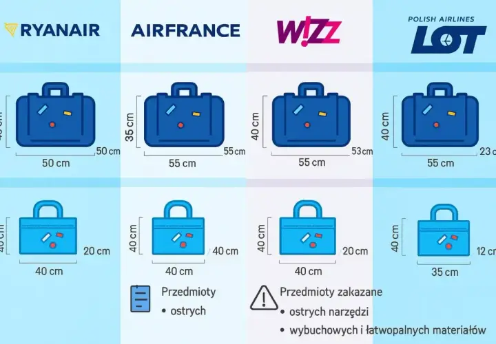 Porównanie wymiarów bagażu podręcznego dla Ryanair, Air France, Wizz Air i LOT. Sprawdź, ile może ważyć bagaż podręczny i jakie są jego dopuszczalne wymiary.