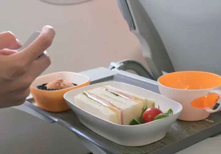 Na tacy w samolocie Ryanair: kanapki, przekąska i napój. Czy można wziąć jedzenie do samolotu Ryanair? Tak, ale warto sprawdzić zasady.