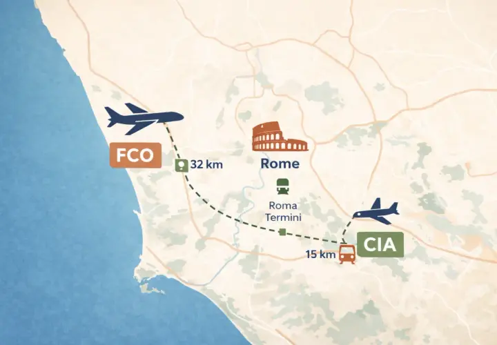 Mapa pokazuje połączenia między lotniskami we Włoszech: FCO (32 km od Rzymu) i CIA (15 km od Rzymu), z zaznaczoną stacją Roma Termini.