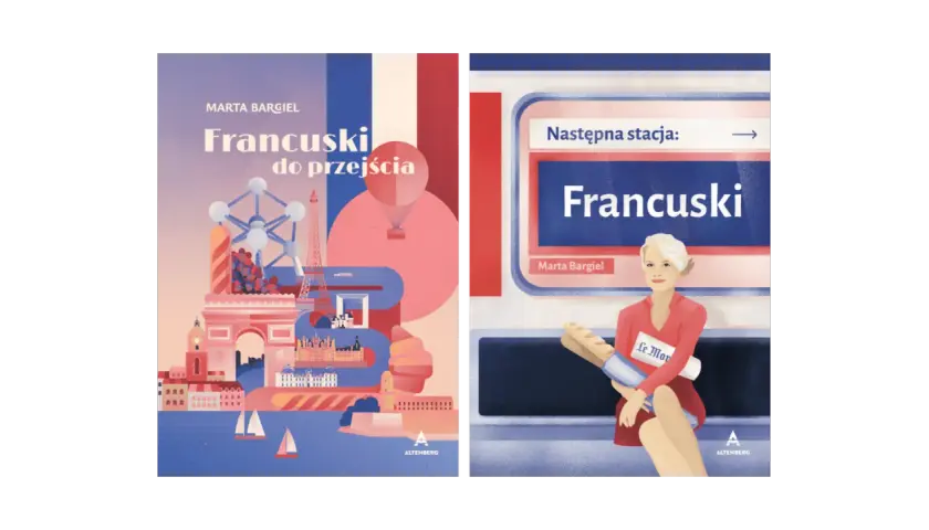 Okładki książek o nauce języka francuskiego. Jedna z Paryżem, druga z kobietą z bagietką w metrze. Podstawy francuskiego.