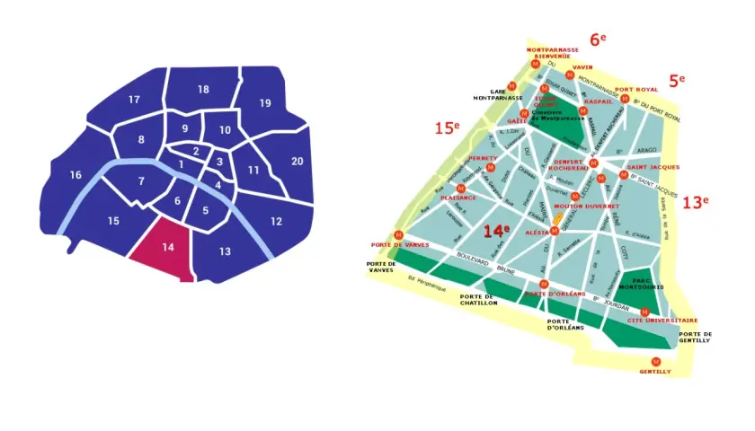 Mapa Paryża z zaznaczonymi dzielnicami. 14 dzielnica Paryża wyróżniona kolorem.