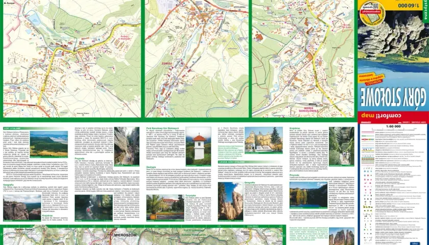 Mapa turystyczna Gór Stołowych z zaznaczonymi atrakcjami, szlakami i miejscowościami jak Kudowa-Zdrój, Duszniki-Zdrój, Polanica-Zdrój.