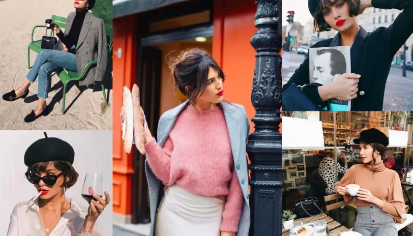 Kobiety w beretach i stylowych płaszczach, uosabiające paryski szyk. Francuska moda w różnych odsłonach, od spaceru po kawiarnię.