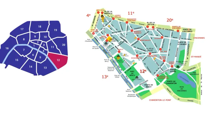Mapa Paryża z zaznaczonymi dzielnicami i atrakcjami, wyróżniona dzielnica 12.