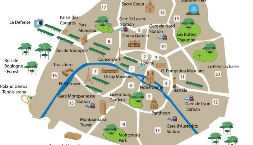 Mapa turystyczna aglomeracji paryskiej z zaznaczonymi atrakcjami: Wieża Eiffla, Luwr, Notre Dame, Łuk Triumfalny, parki i lotniska.
