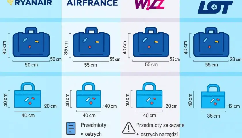 Porównanie wymiarów bagażu podręcznego dla Ryanair, Air France, Wizz Air i LOT. Sprawdź, ile może ważyć bagaż podręczny i jakie są jego dopuszczalne wymiary.