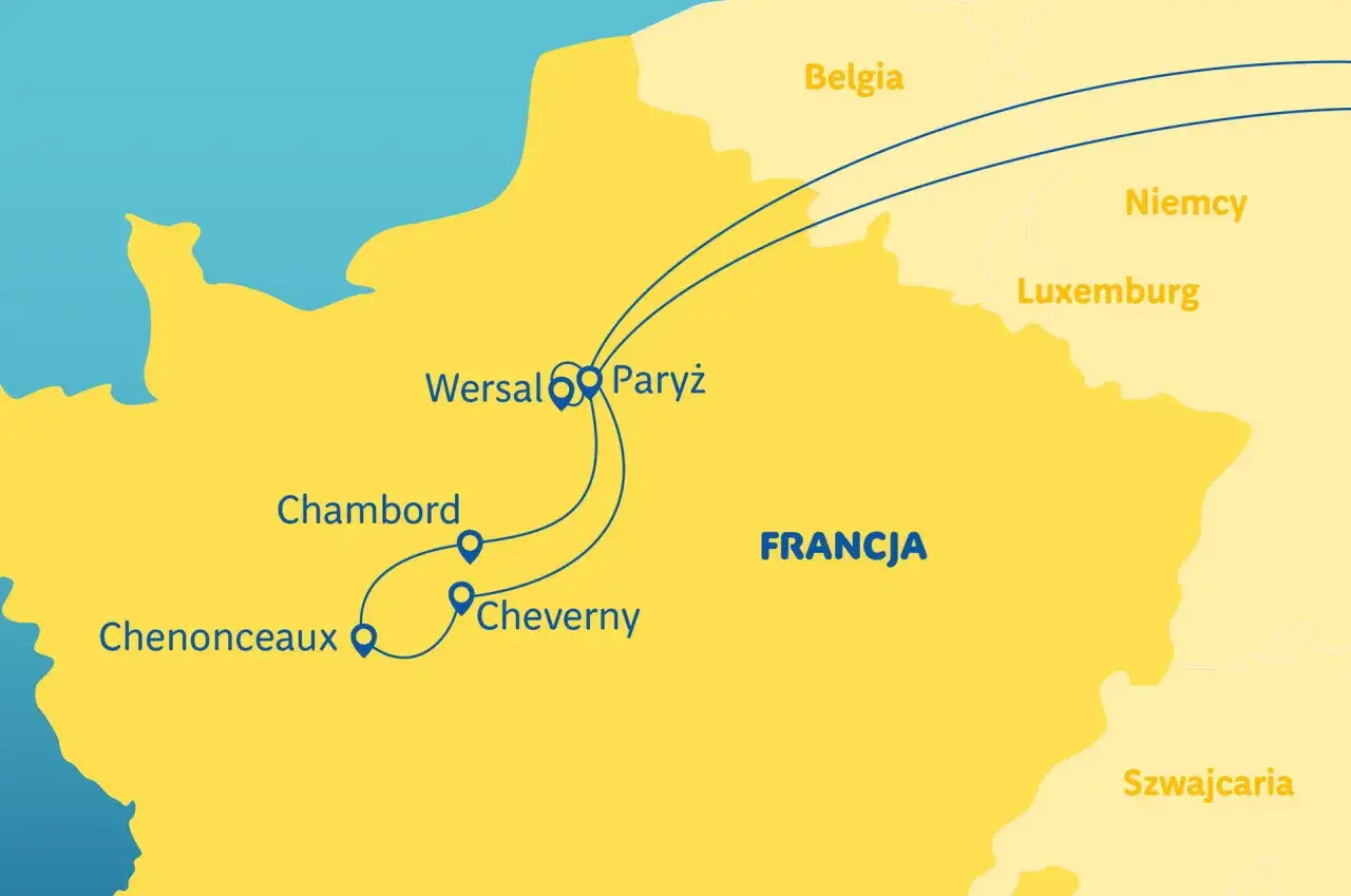 Mapa Francji z zaznaczonymi miastami: Paryż, Wersal, Chambord, Chenonceaux, Cheverny. Trasa prowadzi przez region nad Loarą.