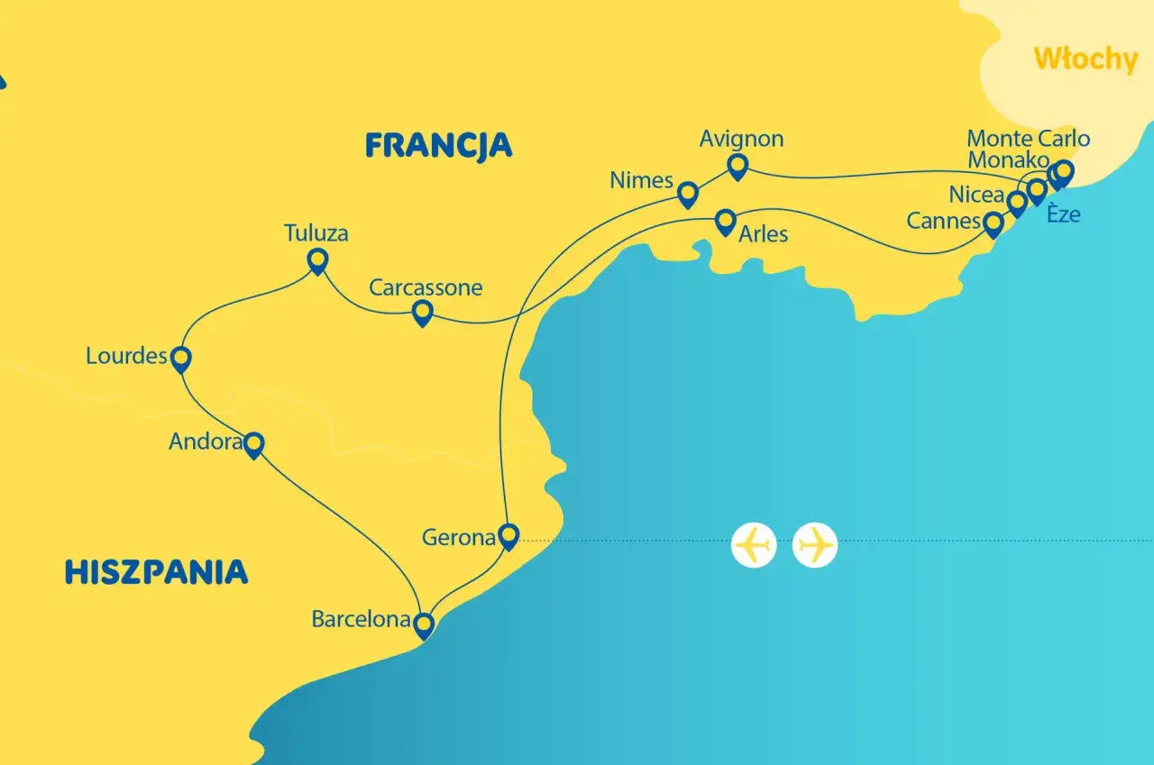 Mapa trasy wycieczki objazdowej samolotem po Lazurowym Wybrzeżu: Francja, Hiszpania, Włochy. Zobaczysz Lazurowe Wybrzeże.